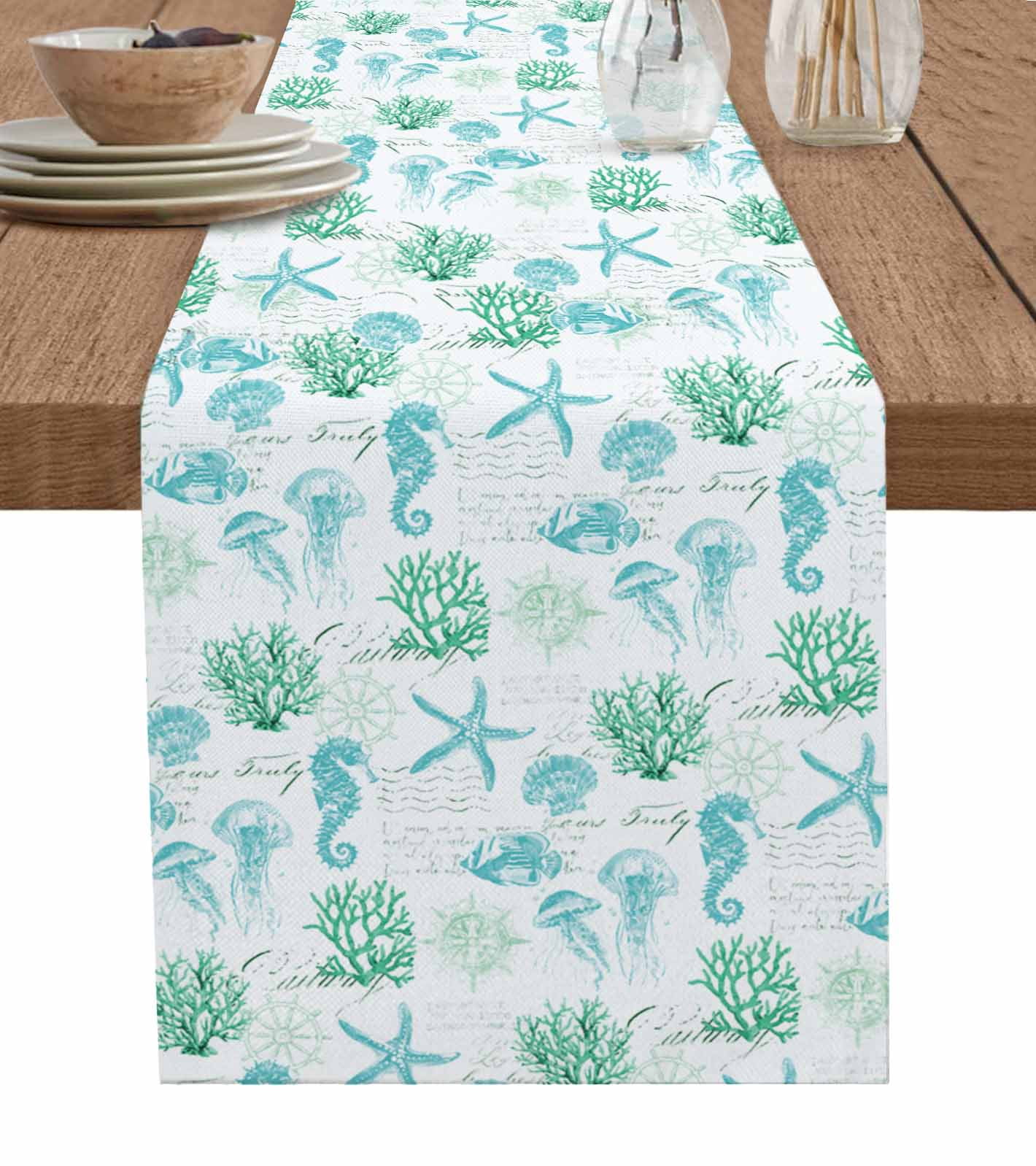 Runner Seashell Green Aqua Coastal Table Runner 72 Inches, Nautical Jellyfish Seashells ...