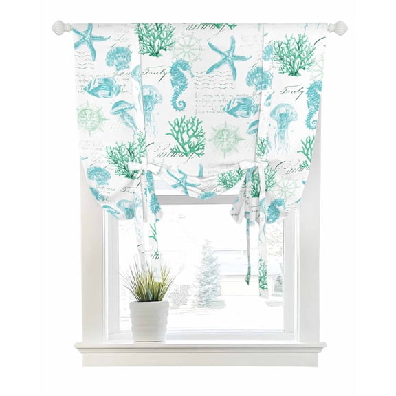 Green Aqua Coastal Tie Up Curtains for Window, Thermal Insulated Balloon Shade Adjustable Rod Pocket Curtains Valance Panels for Kitchen Bathroom Cafe 52 x 45 Nautical Jellyfish Seashells Starfish
