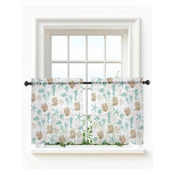 Green Aqua Coastal Tier Curtains 24 Inch Length,Sheer Curtains for Bedroom Living Room,Nautical Jellyfish Seashells Starfish Rod Pocket Voile Drapes Kitchen Curtains Small Window 27.5"x24" 2 Panels