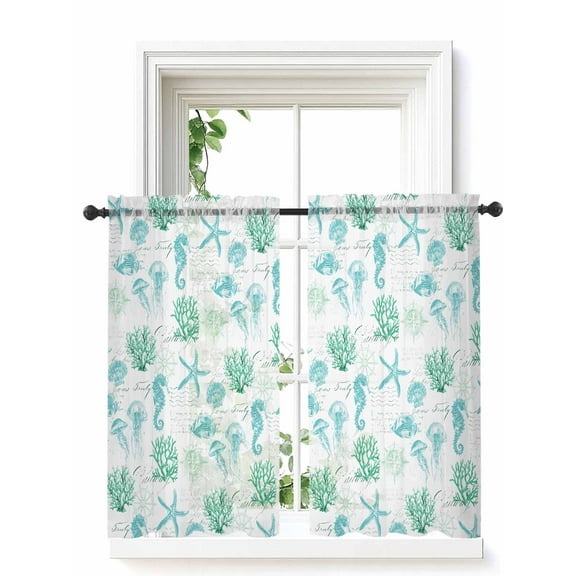 Green Aqua Coastal Tier Curtains 45 Inch Length,Sheer Curtains for Bedroom Living Room,Nautical Jellyfish Seashells Starfish Rod Pocket Voile Drapes Kitchen Curtains Small Window 27.5"x45" 2 Panels