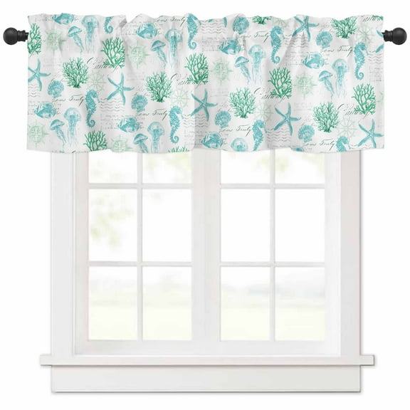 Green Aqua Coastal Valances for Windows Farmhouse Kitchen Curtains Valances Rod Pocket Valance Curtains for Kitchen Windows Nautical Jellyfish Seashells Starfish Window Valances for Bathroom 42"x12"