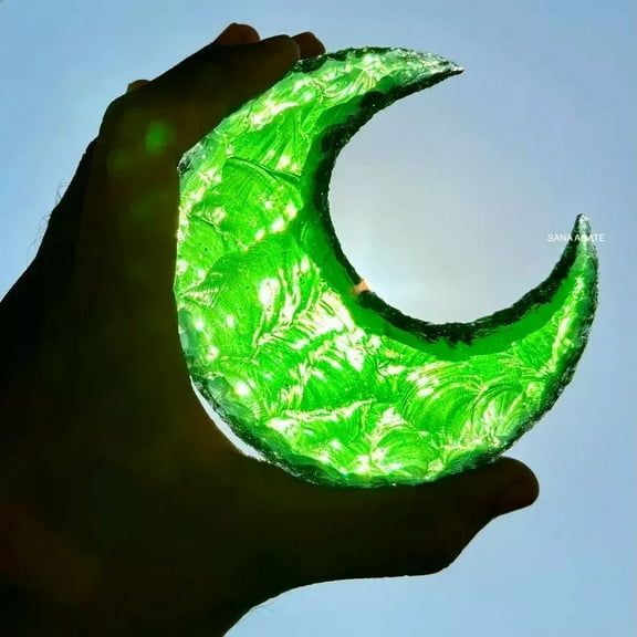 Green Aqua Obsidian Crescent Carved Moon Stone Crystal For Home Dcor & Display