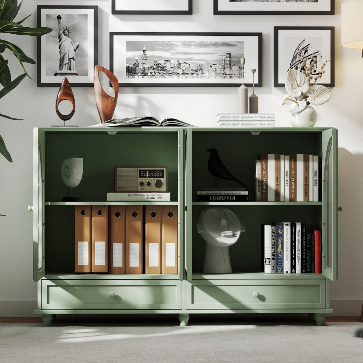 Green Arched Glass Sideboard Cabinet, Buffet Storage Cabinet with 4 Glass Doors & 2 Drawers, Adjustable Shelf Credenza for Kitchen Dining Room Living Room