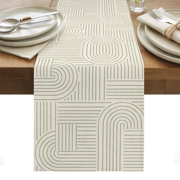 Green Arches Cotton Linen Table Runner Abstract Modern Minimalist Curves Line Geometric Dining Table Runners for Home Decor Party Dining Room Restaurant Kitchen Party 13" x 36"