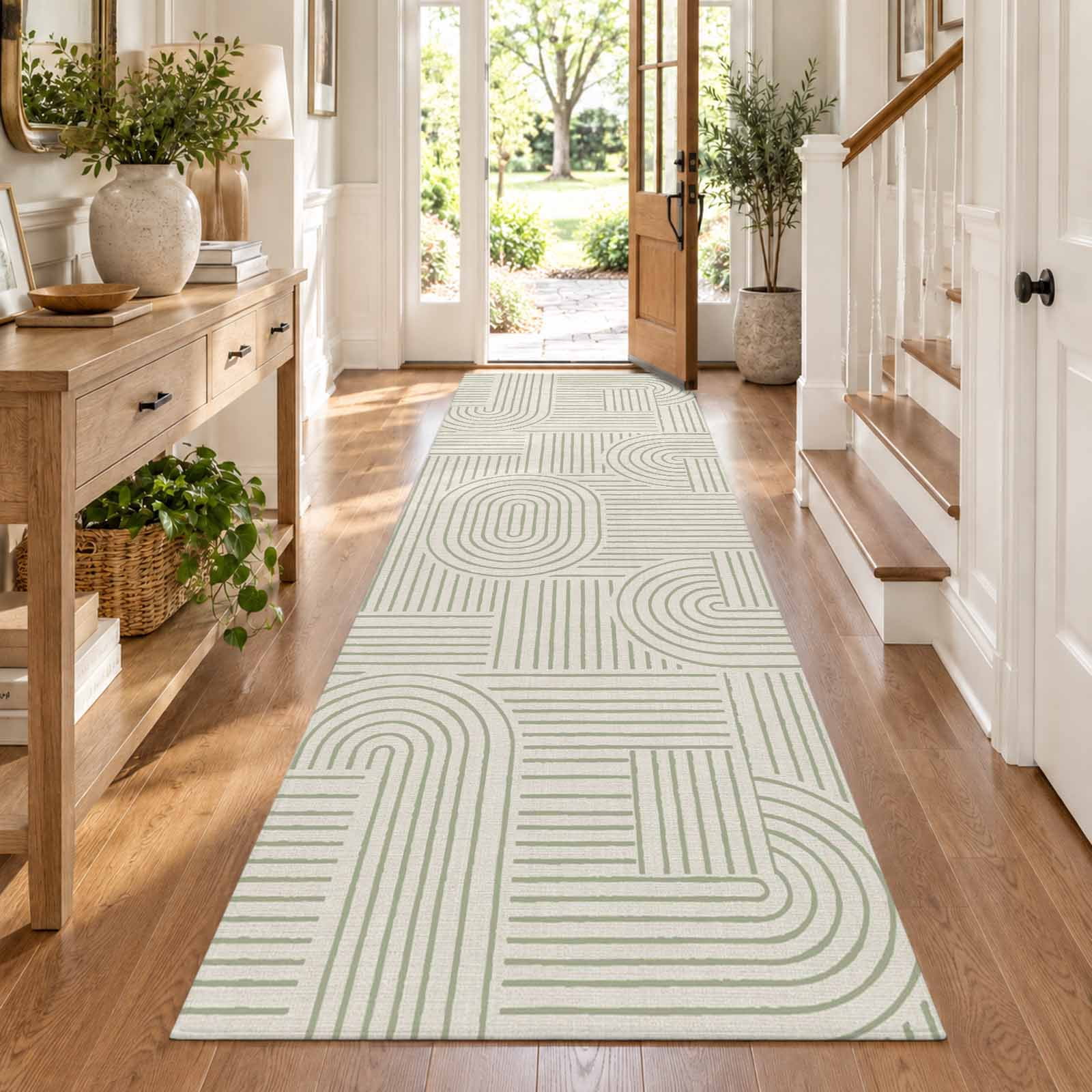 Green Arches Hallway Washable Runner Rug 2x6 Abstract Modern Minimalist ...