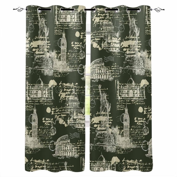 Green Architecture Kitchen Curtains Abstract City Vintage Modern Art Cafe Short Curtains for Bathroom Blackout Window Curtain Small Window Treatment Tier Drapes for Bedroom Living Room 27.5"x39"x2