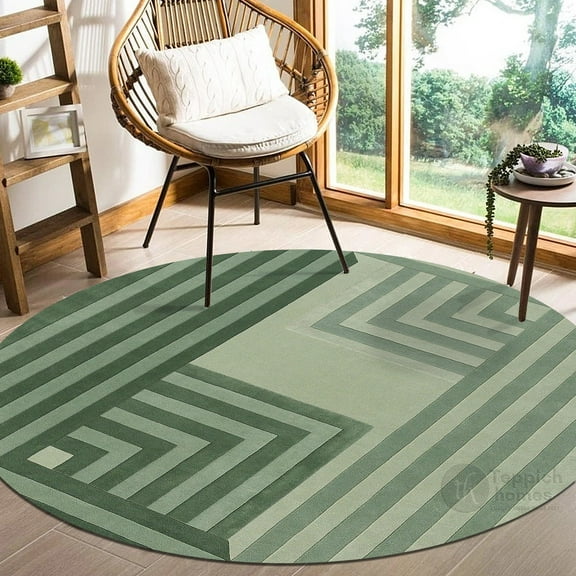 Green Area Rug 5X5, Geometric Wool, Hand Tufted Rugs, Kids, Living Room, Round Carpet