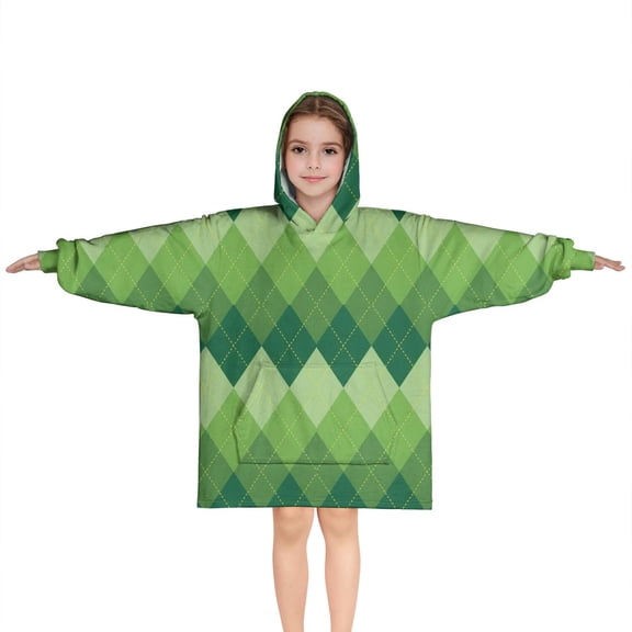 Green Argyle Pattern Blanket Hoodies for Kids 6-13YR Oversize Wearable Blanket Hoodies for Boys Girls Teens