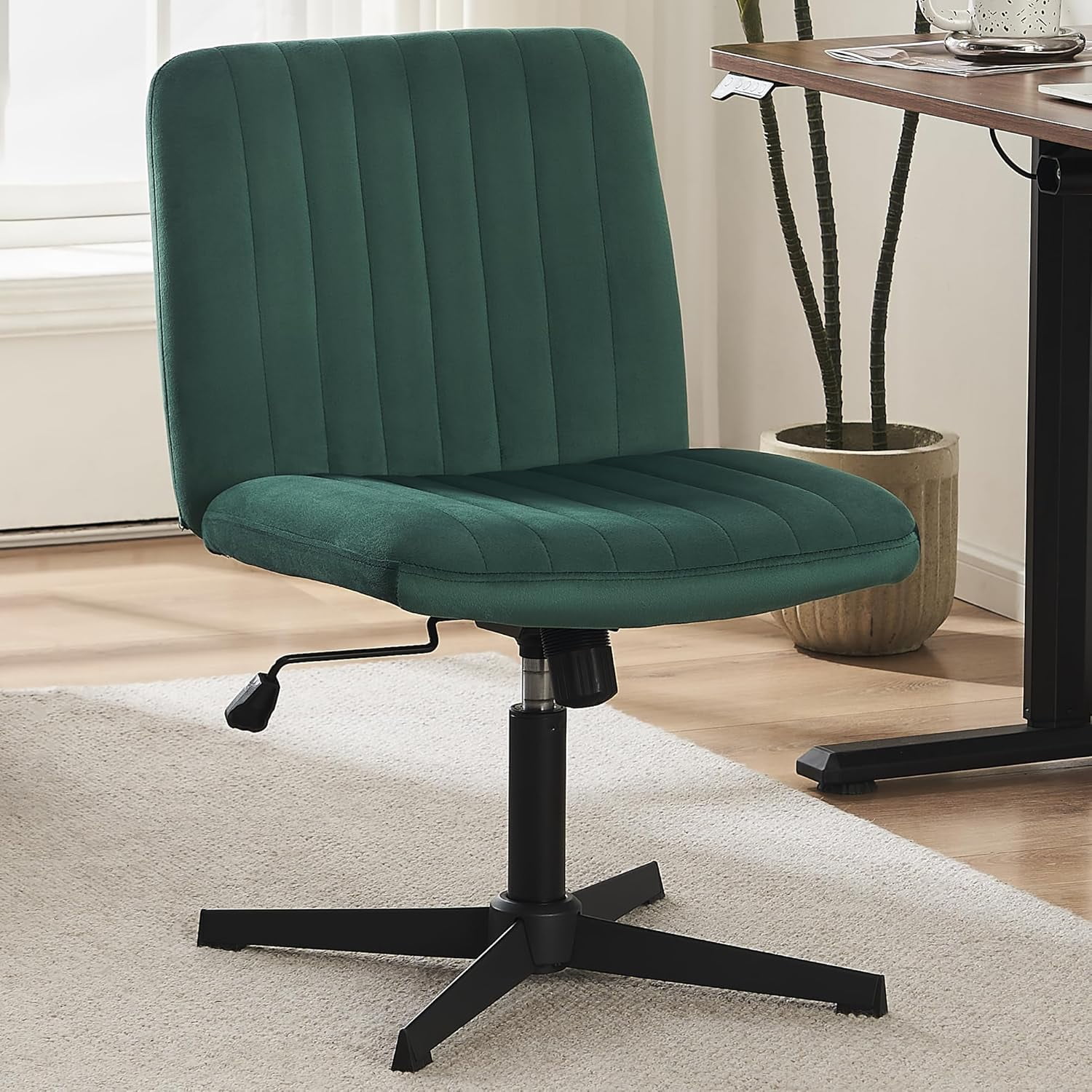 Green Armless Office Chair No Wheels Medium Criss Cross Leg Desk Chair