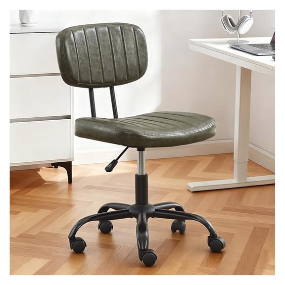 Green Armless Office Chair with Wheels, PU Leather Small Computer Desk Chair, Adjustable Height Swivel Task Chair with Higher Back for Home Office, Bedroom, Vanity