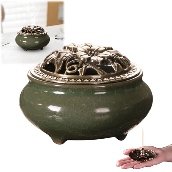 Green Aroma Burner 10x7 cm Sandalwood Incense Burner with Ice Kiln Glaze Ceramic Design by Dusknt Home Decor Essential Oil Diffuser