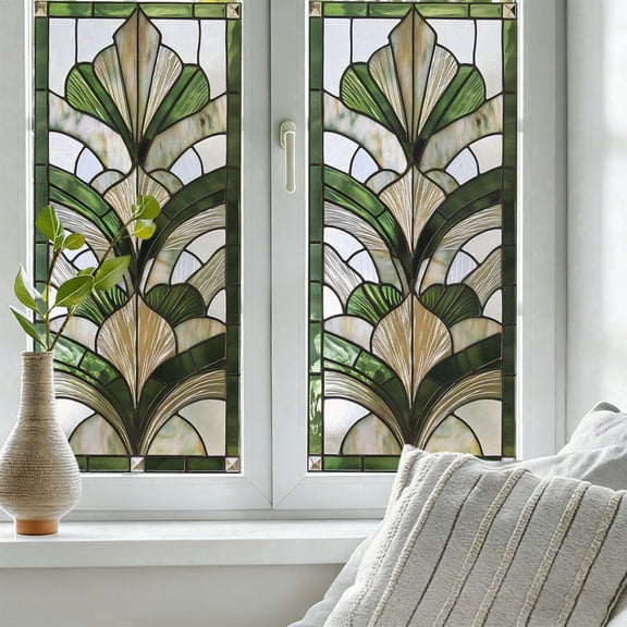 Green Art Deco Stained Glass Window Film, Static Cling Non‑Adhesive Privacy Film, UV Blocking Removable Decorative Window Sticker for Home Kitchen Bathroom, 17.7 x 39.4 in