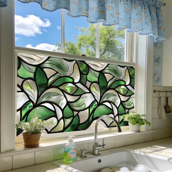 Green Art Deco Stained Glass Window Film, Static Cling Non‑Adhesive Privacy Film, UV Blocking Removable Decorative Window Sticker for Home Kitchen Bathroom, 17.7 x 39.4 in