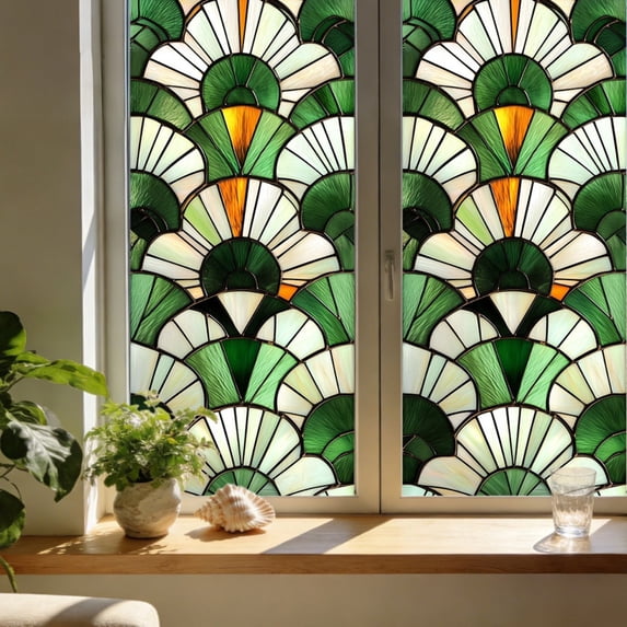 Green Art Deco Stained Glass Window Film, Static Cling Non‑Adhesive Privacy Film, UV Blocking Removable Decorative Window Sticker for Home Kitchen Bathroom, 17.7 x 39.4 in