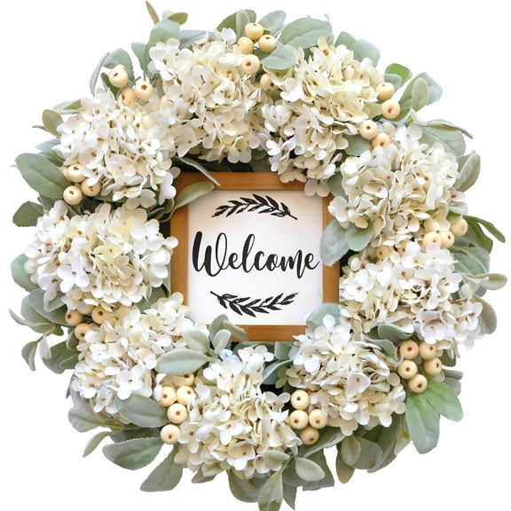 Green Artificial Eucalyptus Wreath for Front Door, 20 Spring Summer Wreath with Welcome sign for Inside and Outside Festival Porch Farmhouse Decor