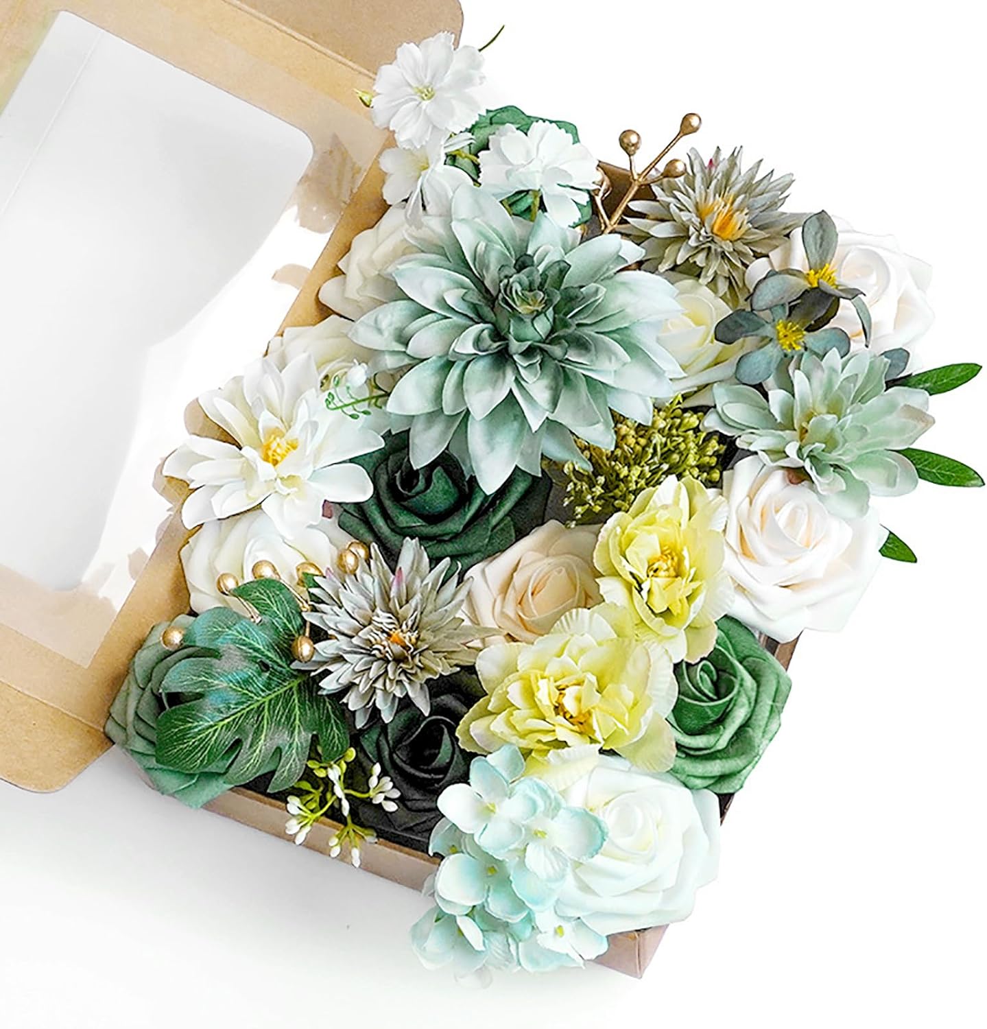 Green Artificial Flowers Combo Box Set Emerald Green Fake Flowers and