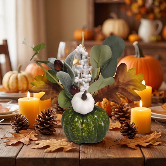 Green Artificial Thanksgiving Pumpkin Bouquet, Maple Leaf and Berry Floral Spray, Fall Table Vase Decor, and Harvest Home Accent, Great Gift for Fall Entertainers