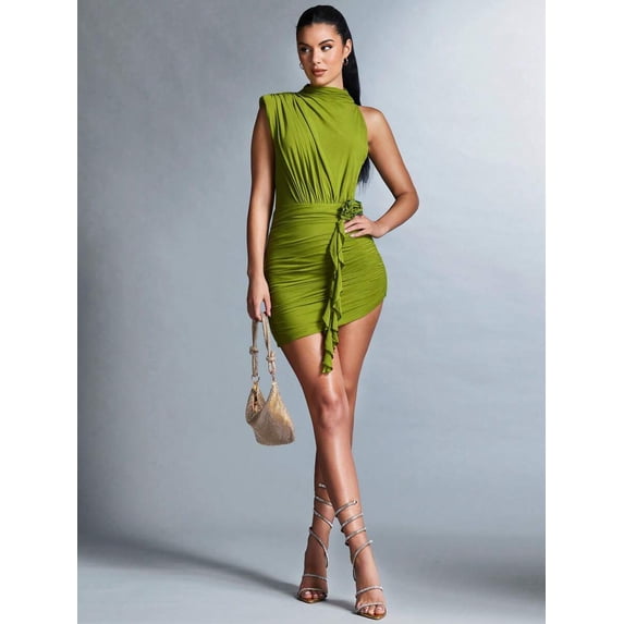Green Asymmetrical One-Shoulder Ruched Mini Dress With 3D Flower Detail