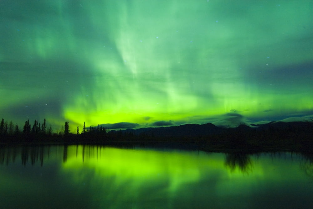 Green Aurora Borealis Over Small Pond In Kluane National Park Yukon Territory Canada Canvas Art - Michael DeYoung Design Pics (17 x 11)