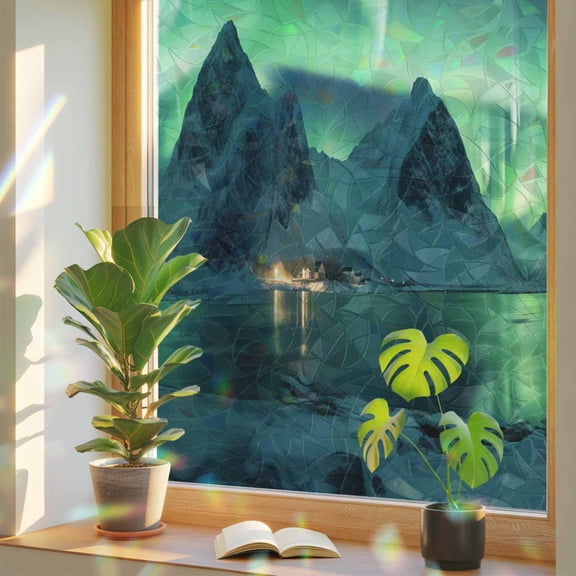 Green Aurora and Iceland Iceburgs View Window Privacy Film, Rainbow Film Decorative Window Sticker 17.7x39.3in, Minimalist Nature Landscape Sun Blocking Static Stained Glass Cling Tint Non-Adhesive