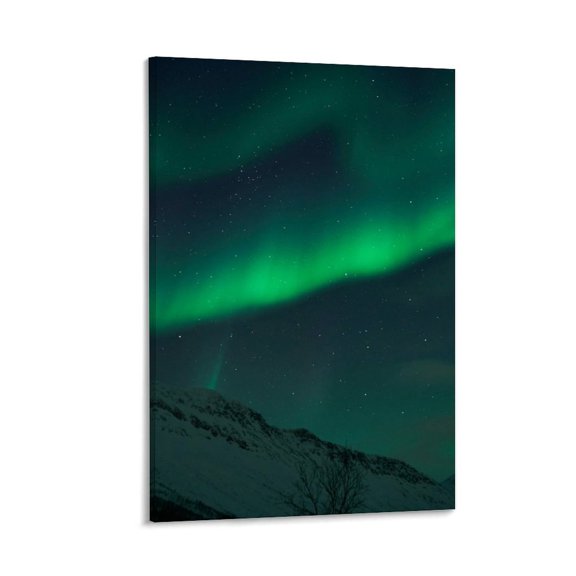 Green Aurora Over Mountain Peaks, Alpine Night, Framed Canvas Art, 12x8 in