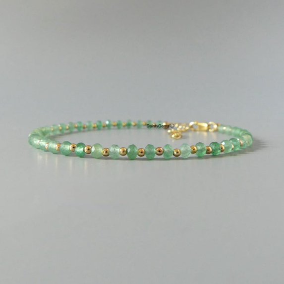 Green Aventurine 3mm Round Shape Smooth Cut Beads 7 inch Adjustable Gold Plated Clasp Bracelet for men, women, unisex. Link Chain Stacking Bracelet.|LINK_03439