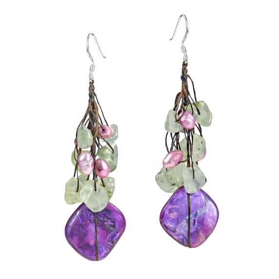 Green Aventurine Cluster Purple Shell Drop Sterling Silver Earrings