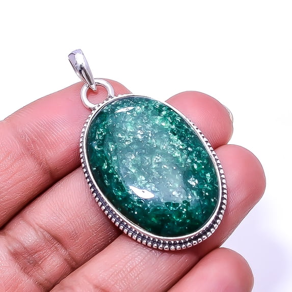 Green Aventurine -India 925 Sterling Silver Bali Pendant 1.95", Green Green Aventurine Pendant P_8032_327_22