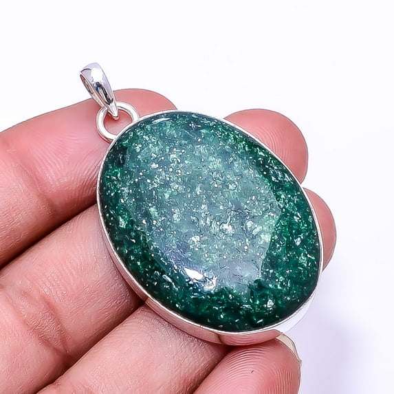 Green Aventurine -India 925 Silver Plated Pendant 2.03", Green Green Aventurine Pendant P_7993_319_9