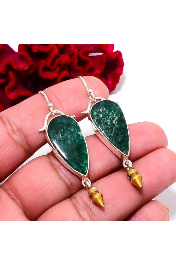 Green Aventurine - India 925 Sterling Silver Two Tone Arrow Head Earring 2.22" E94921, Christmas Gift