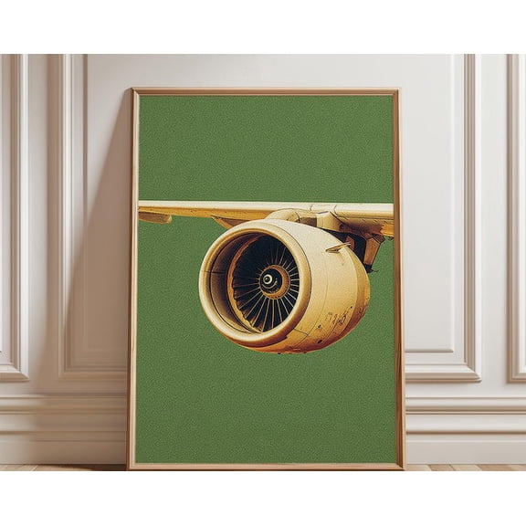 Green Aviation Engine Jet Turbine Close Up Illustration Modern Aircraft Wall Art, Unframed Paper Poster 24x36in