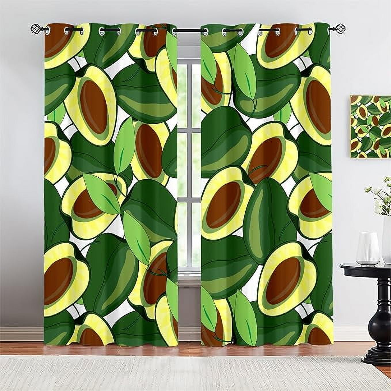 Green Avocado Blackout Curtains, Emerald Watercolor Fruit Plants 3D ...