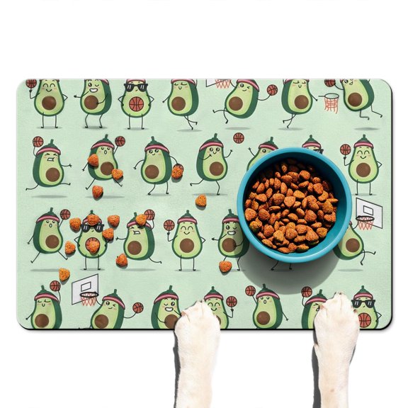 Green Avocado Print Dog Feeding Pad - Absorbent Pet Bowl Mat with Rubber Grip, Cute Aesthetic for Tidy Floors