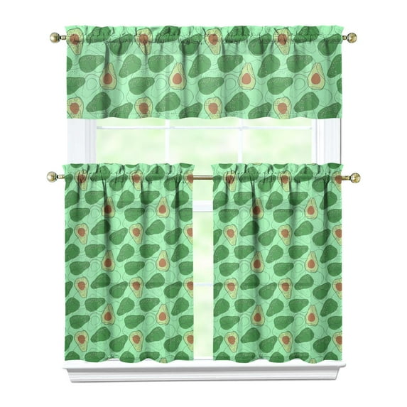 Green Avocados Kitchen Curtains Set with Fruit Pattern Tier and Valance, Kawaii Cute Avocado Print Light Filtering Drapes for Kitchen, Small Window or Balcony Decor