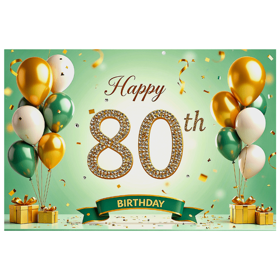 Green Backdrop Banner with Glittery Happy 80th Birthday Decoration Balloons Presents, Birthday Party Decorations Photography Props Backdrop Background