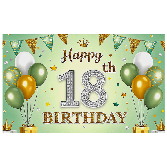 Green Backdrop Happy 18th Birthday Banner with Glittery Crowns Balloons and Confetti Party Decoration Supplies Photography Props Birthday Party Decor Background