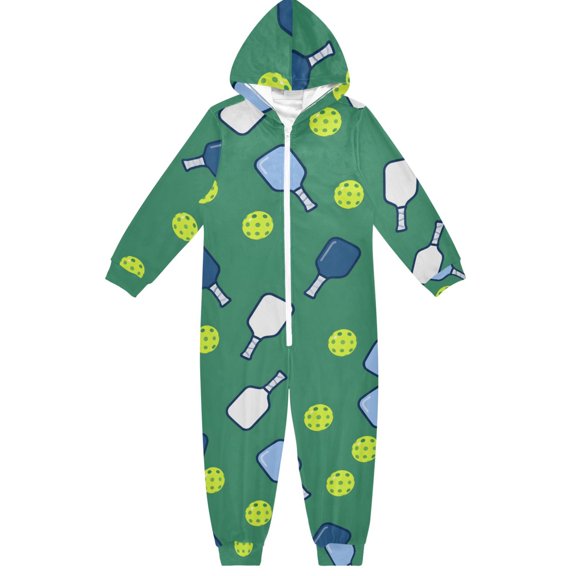 Green Background Blue Yellow Pickleball Boys & Girls Hooded One-Piece Pajamas Warm Crystal velvet Hooded Long Sleeve Loungewear Jumpsuit Unisex
