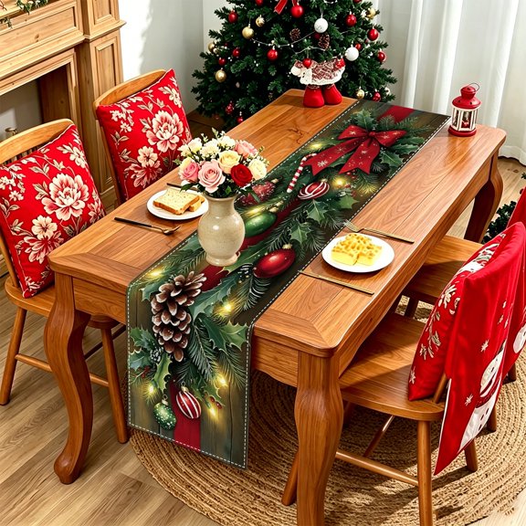 Green Background Christmas Lamp Pine Cone and Ornament Pattern 2D Flat Print Table Runner,13x48/13x70/13x108 inch,Polyester,Indoor Table Decor
