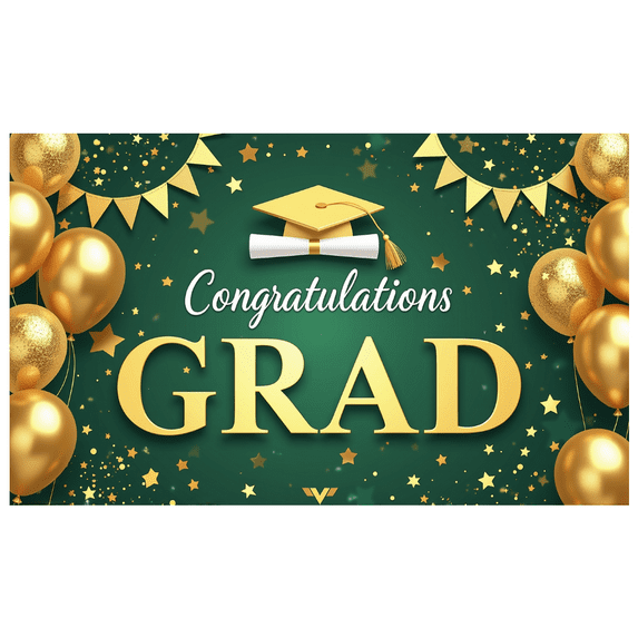 Green Background Congratulations Grad Banner with Gold Balloons Stars Tassels and Diploma Party Decoration Backdrop for Graduation Celebrations Party Supplies Photography Props Graduation Events