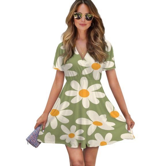 Green Background Daisy Flower Pattern Women Dress V-Neck Short Sleeve Flowy Swing Party Midi Dress