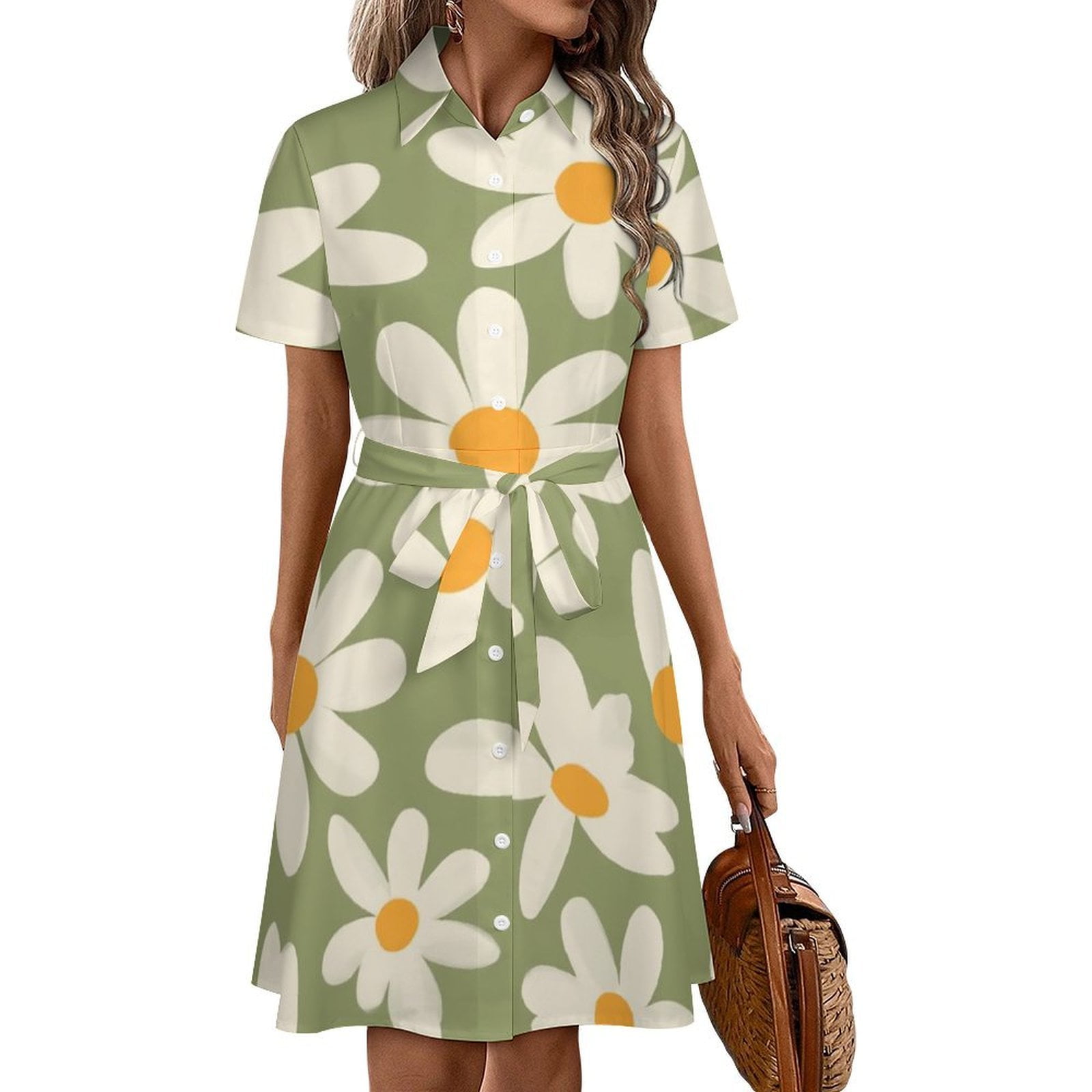 Green Background Daisy Flower Pattern Womens Shirt Dresses Women'S ...