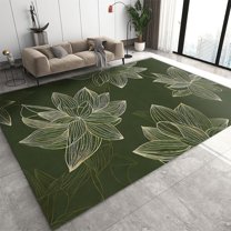 Green Background Floral Rug 2' x 3' Bedroom Rug, Golden Line Canna Leaf Lotus Throw Rugs, with Non Slip Backing Washable Rug for Living Room Dorm Bathroom Kitchen