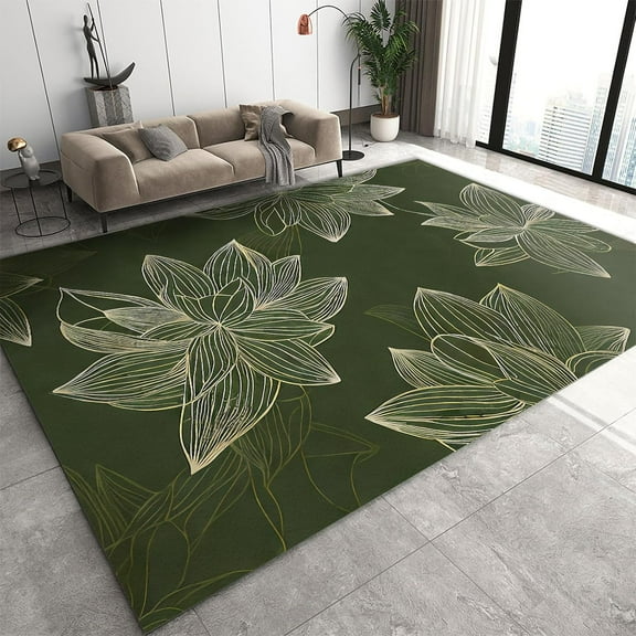 Green Background Floral Rug 2' x 3' Bedroom Rug, Golden Line Canna Leaf Lotus Throw Rugs, with Non Slip Backing Washable Rug for Living Room Dorm Bathroom Kitchen