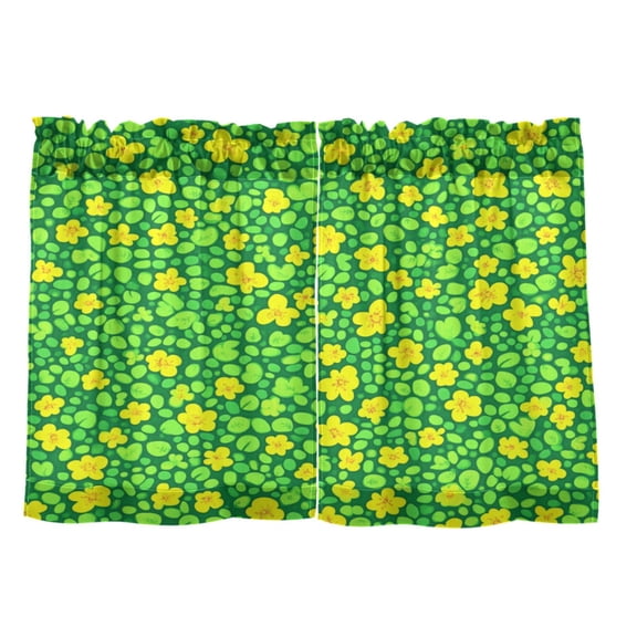 Green Background Flowers 27"x36" Linen Look Cafe Curtain Set with Privacy and UV Protection