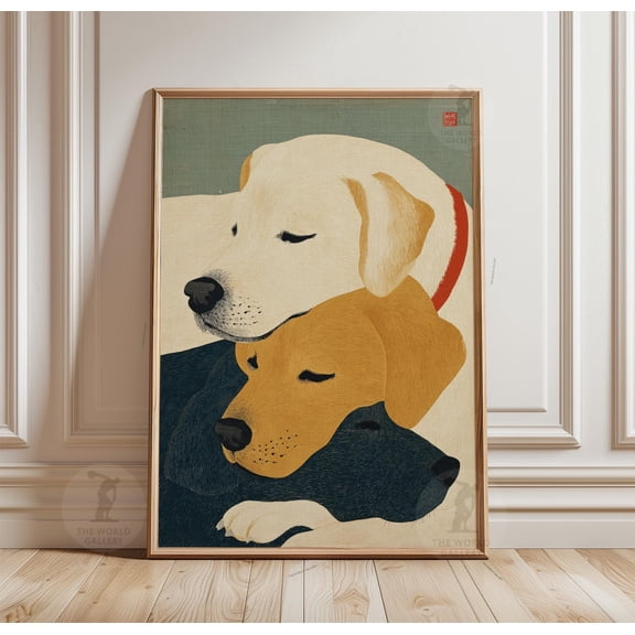 Green Background Labrador Dog Poster, Cream And Black Lab, Japanese Woodblock, Poster Only