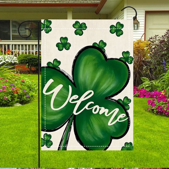 Green Background Lucky Clover 30x45cm, 1 Piece Polyester with Linen Texture, Outdoor Decor Style for Yard Patio Outdoor Decoration