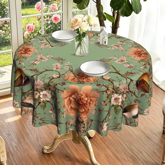 Green Background Retro Peony Bird Print Tablecloth, Brunch Tea Family Dining Decor, Thanksgiving & Christmas Holiday Gift