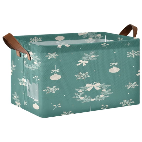 Green Background White Christmas Foldable Storage Large Fabric Storage Baskets Organizer Storage Bins with Handles for Shelves