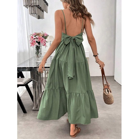 Green Backless Spaghetti Strap Tiered Maxi Dress With Waist Bow Detail