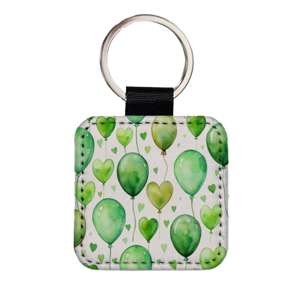 Green Balloons Hearts Watercolor Birthday Faux Leather Square Keychain